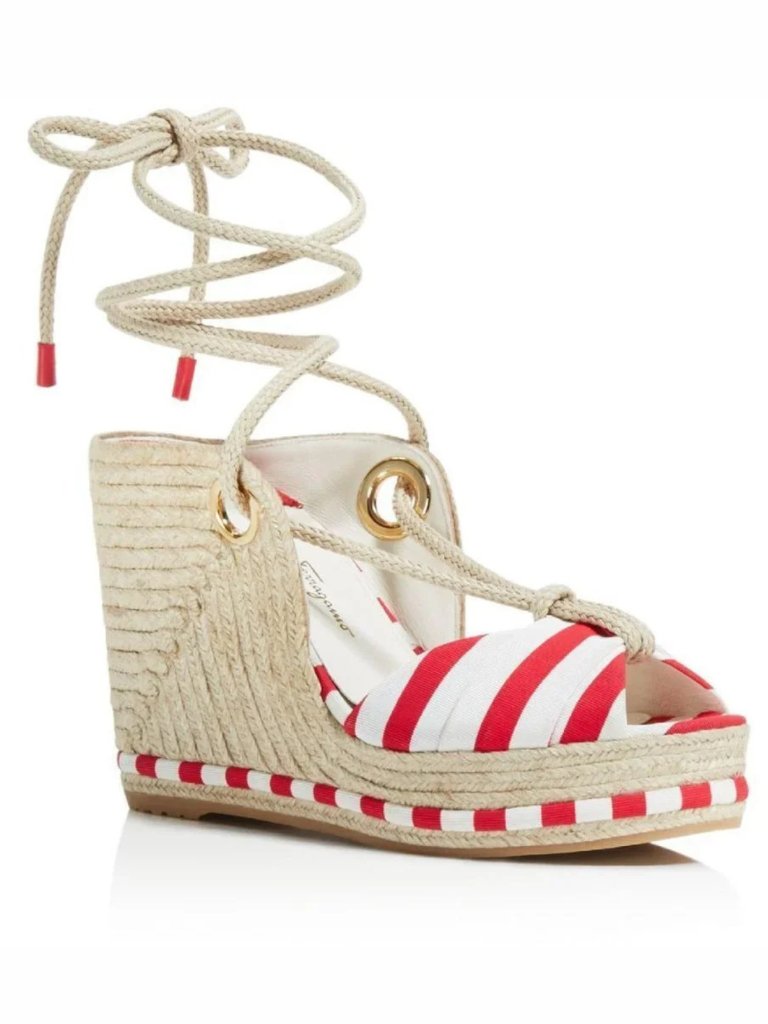 Salvatore Ferragamo Evita Woven Striped White/Red Inset Espadrilles Shoes $550